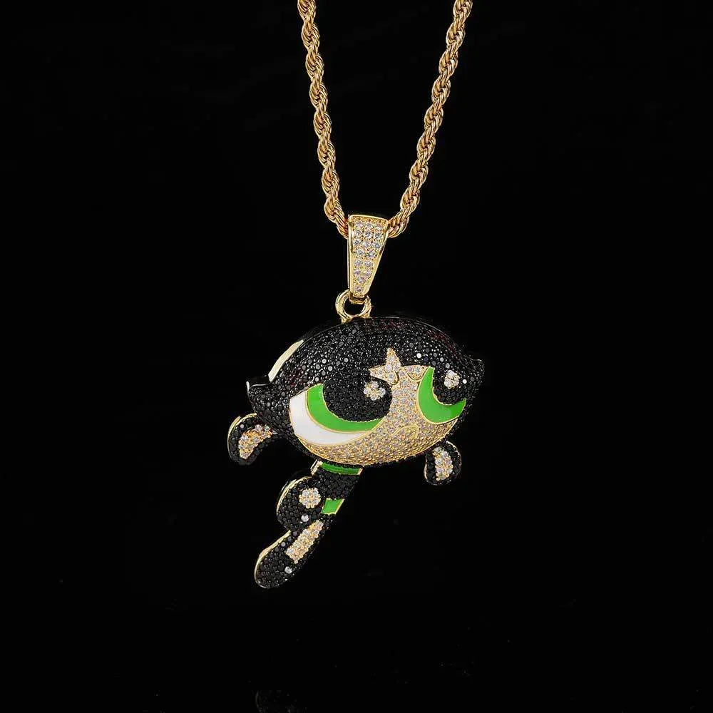 Powerpuff Girls Cartoon Pendant Necklace with Copper Frame and Zircon Stones for Men | Caratix Jewelry - CaratixJewelry